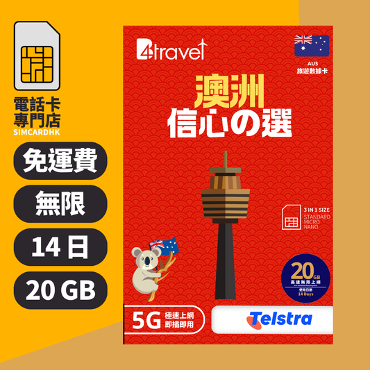 【澳洲 5G】B4travel 14日 20GB 無限上網電話卡