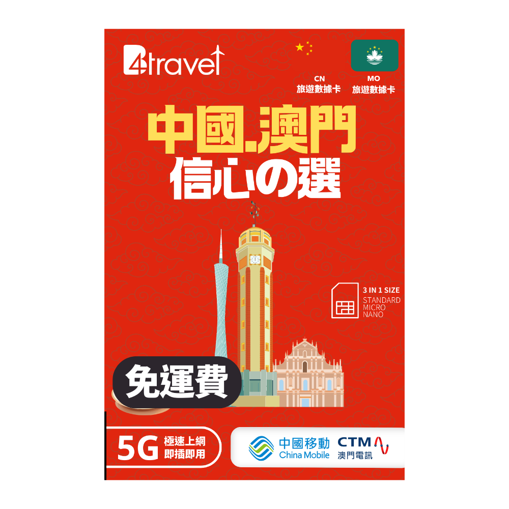 【大陸+澳門 5G】B4travel 1日 1GB 無限上網電話卡