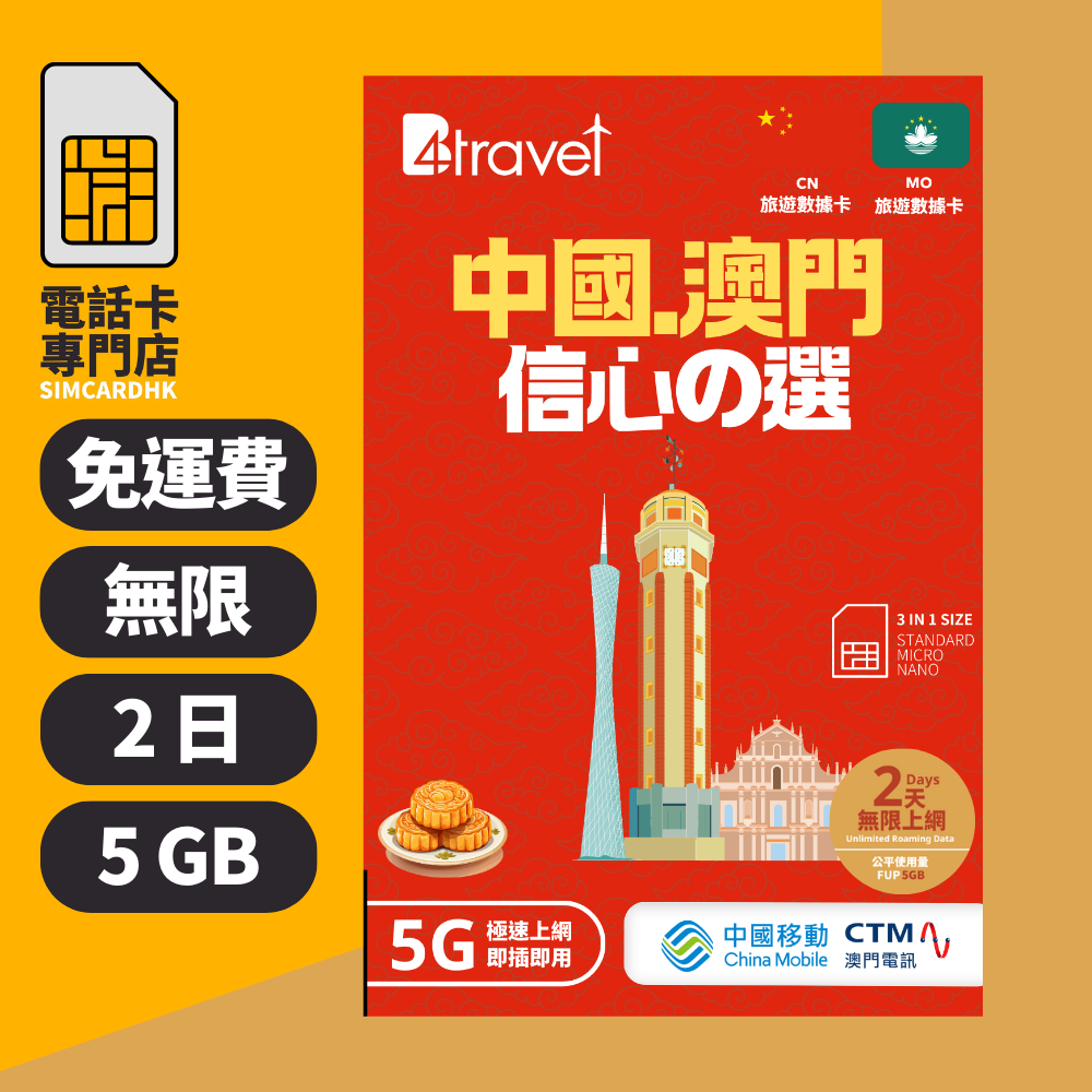 【大陸+澳門 5G】B4travel 2日 5GB 無限上網電話卡
