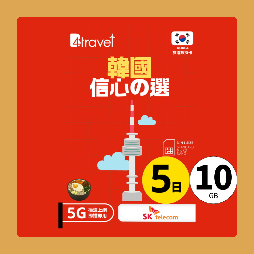 【韓國 5G】B4travel 5日 10GB 無限上網電話卡