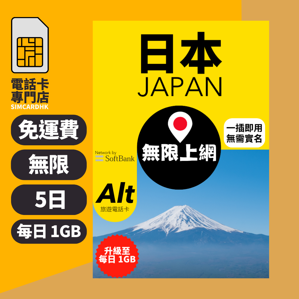 Alt 日本 5日 無限上網電話卡