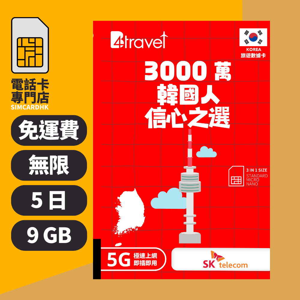 【韓國 5G】B4travel 5日 9GB 無限上網電話卡