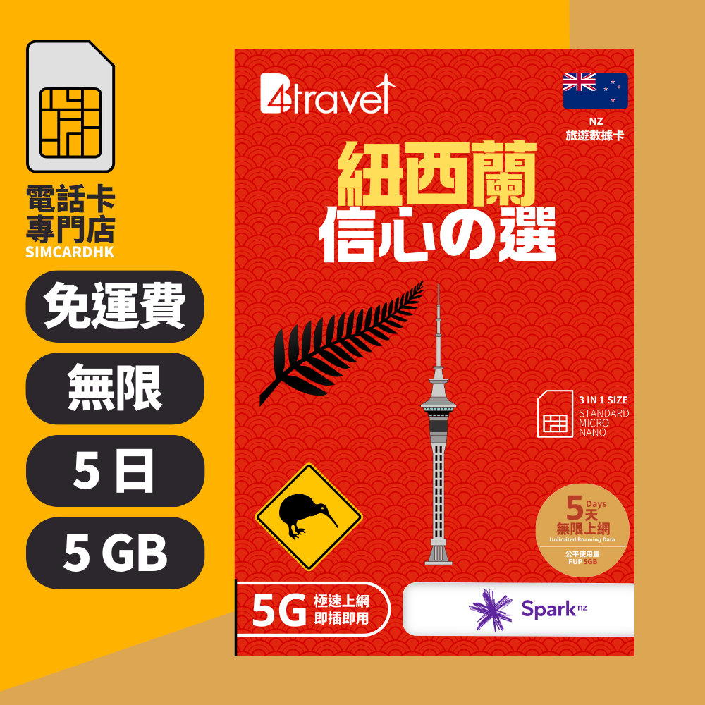 【紐西蘭 5G】B4travel 5日 5GB 無限上網電話卡