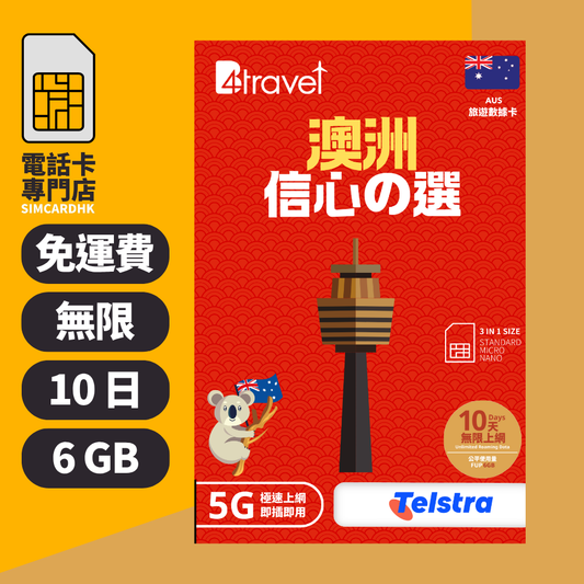 【澳洲 5G】B4travel 10日 6GB 無限上網電話卡