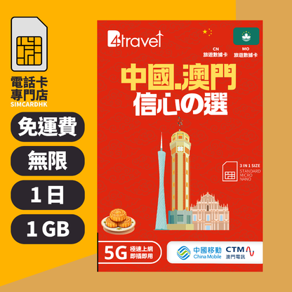 【大陸+澳門 5G】B4travel 1日 1GB 無限上網電話卡
