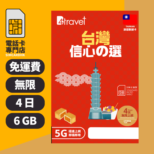 【台灣 5G】B4travel 4日 6GB 無限上網電話卡