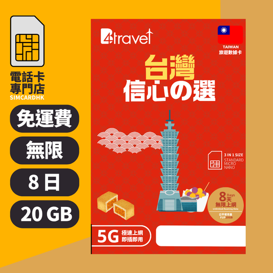 【台灣 5G】B4travel 8日 20GB 無限上網電話卡