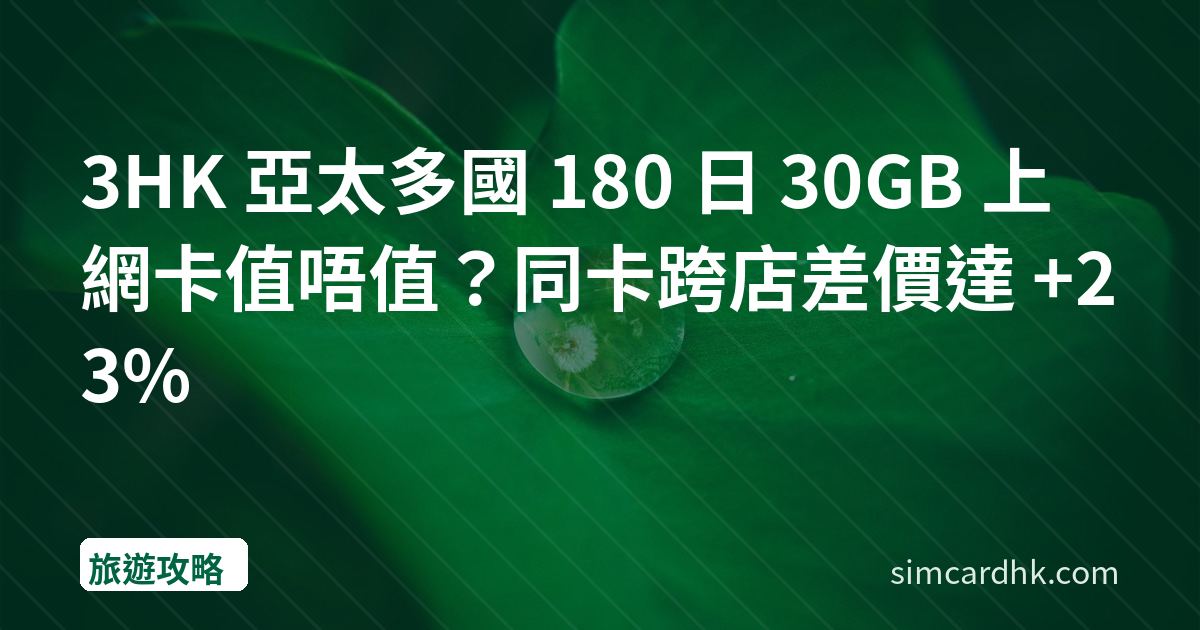 3HK 亞太多國 180 日 30GB 上網卡值唔值？同卡跨店差價達 +23%