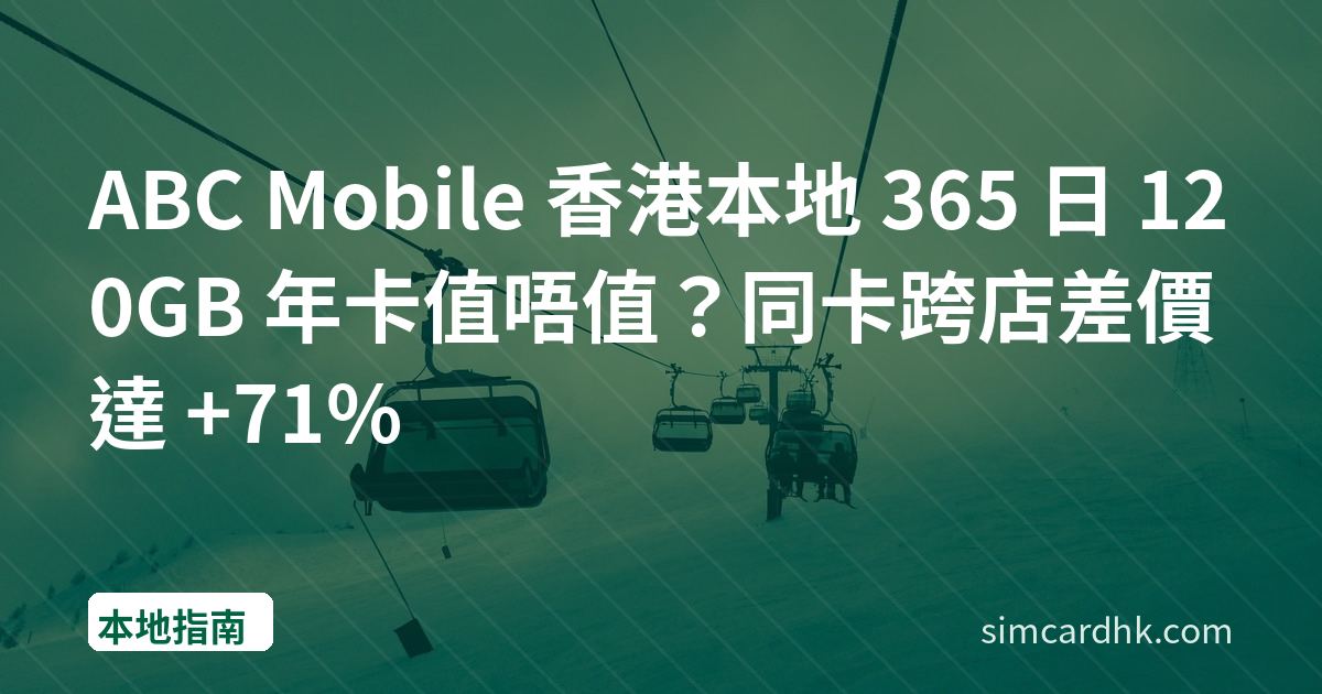 ABC Mobile 香港本地 365 日 120GB 年卡值唔值？同卡跨店差價達 +71%