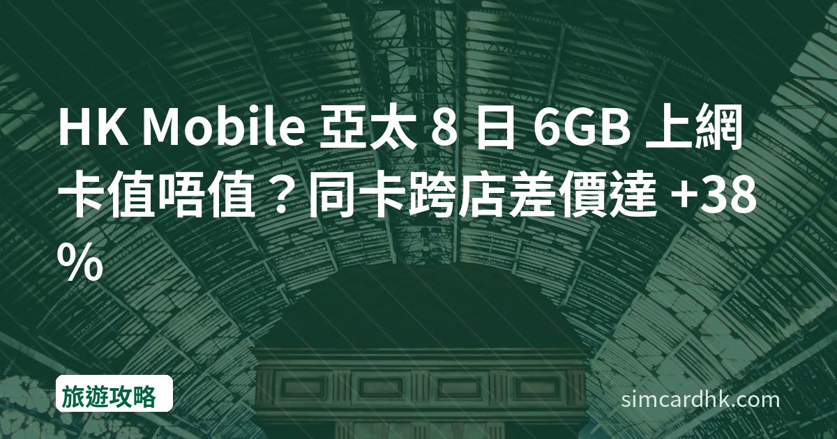 HK Mobile 亞太 8 日 6GB 上網卡值唔值？同卡跨店差價達 +38%