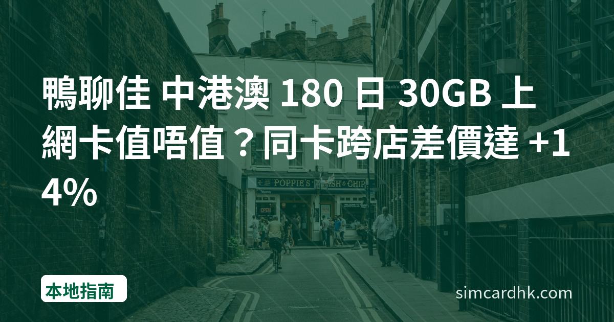 鴨聊佳 中港澳 180 日 30GB 上網卡值唔值？同卡跨店差價達 +14%