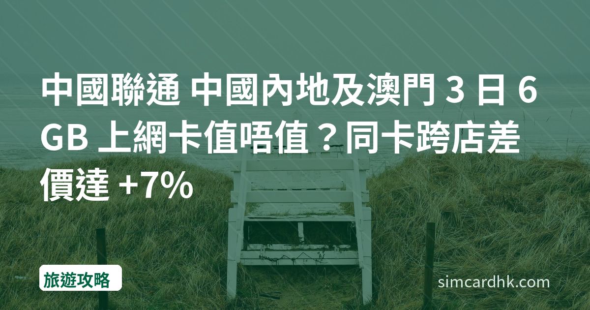 中國聯通 中國內地及澳門 3 日 6GB 上網卡值唔值？同卡跨店差價達 +7%