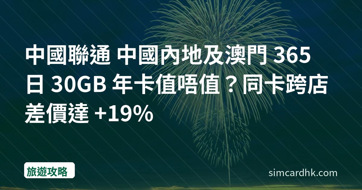中國聯通 中國內地及澳門 365 日 30GB 年卡值唔值？同卡跨店差價達 +19%
