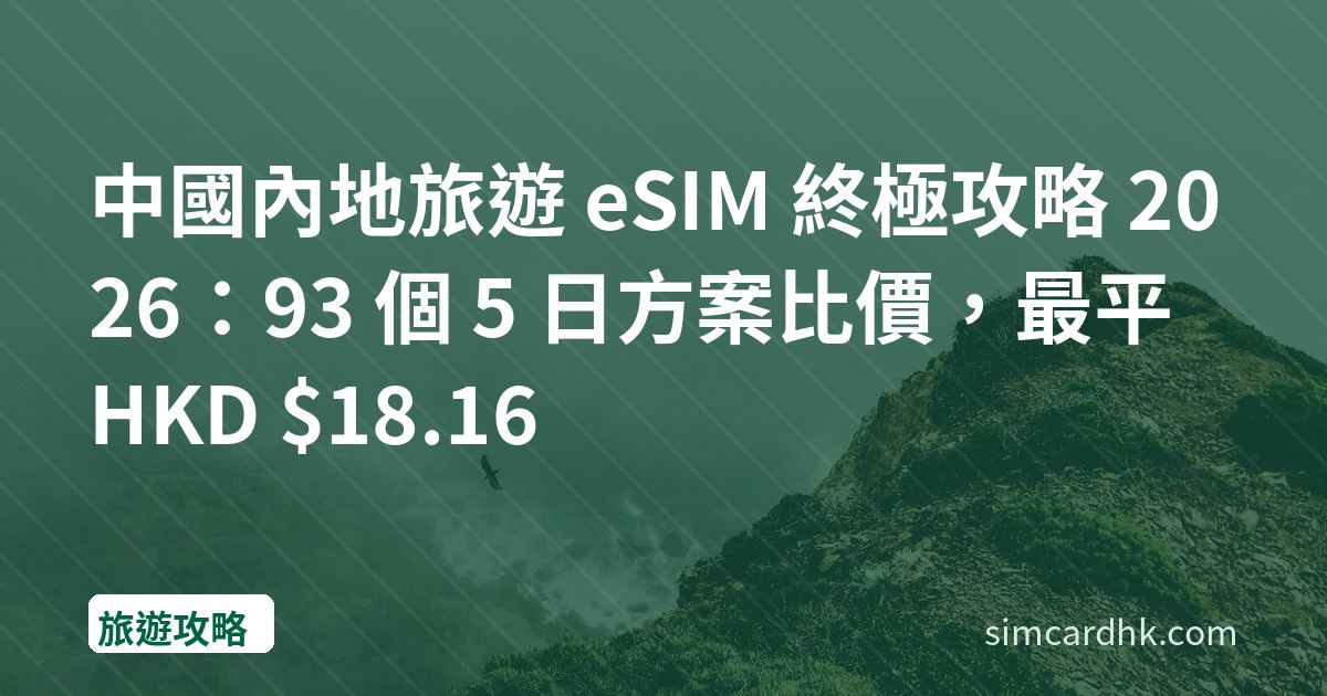 中國內地旅遊 eSIM 終極攻略 2026：93 個 5 日方案比價，最平 HKD $18.16