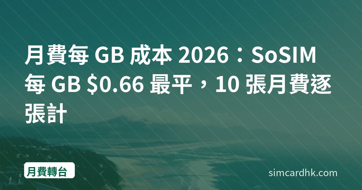 月費每 GB 成本 2026：SoSIM 每 GB $0.66 最平，10 張月費逐張計
